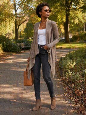 Warm Gray Ribbed Open-Front Hooded Cardigan